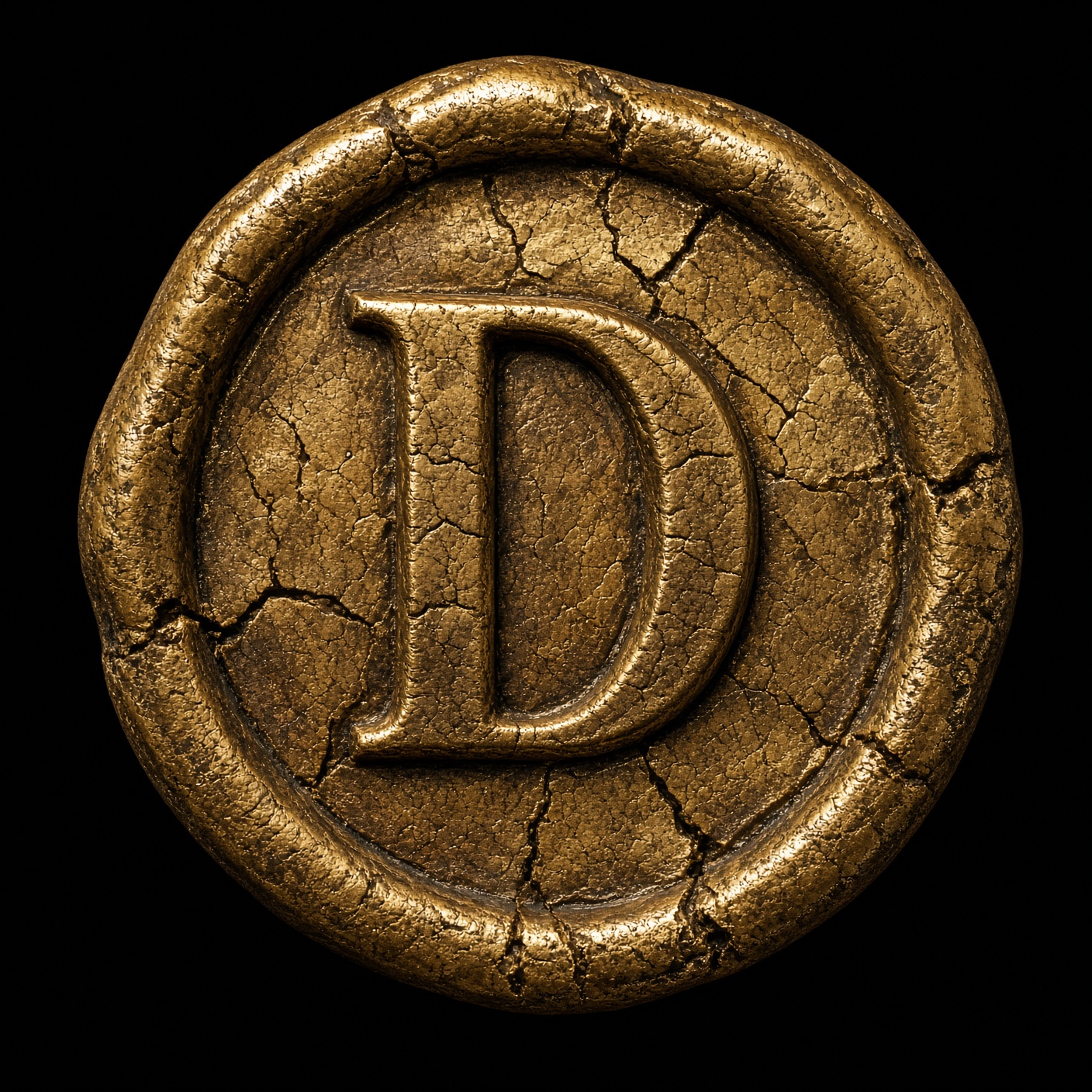 Cracked gold wax seal stamped with a capital D