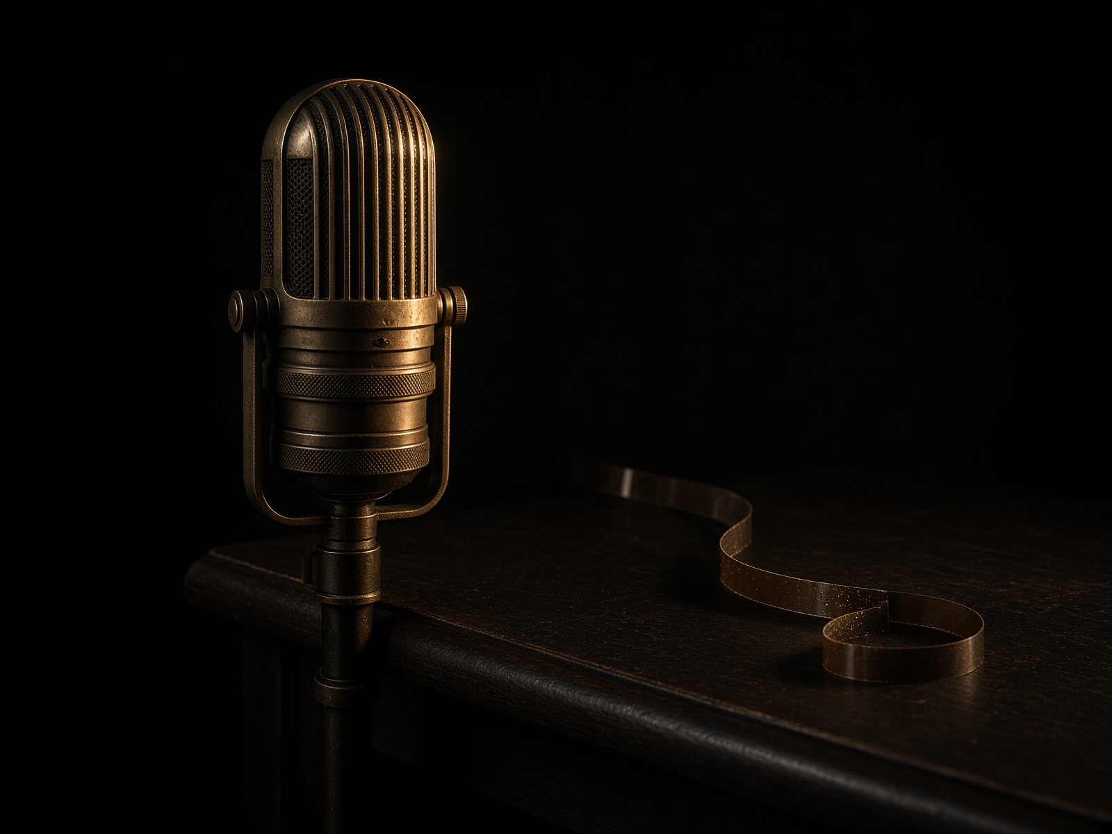 Vintage microphone and analog tape in a dark studio